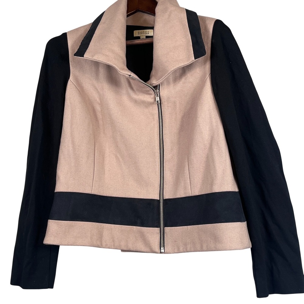 VINTAGE Barneys New York Wool Jacket 12 Tan Black Asymmetrical Zip Made USA